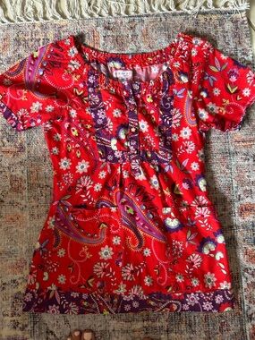 Bright Red Floral Peasant scrub top